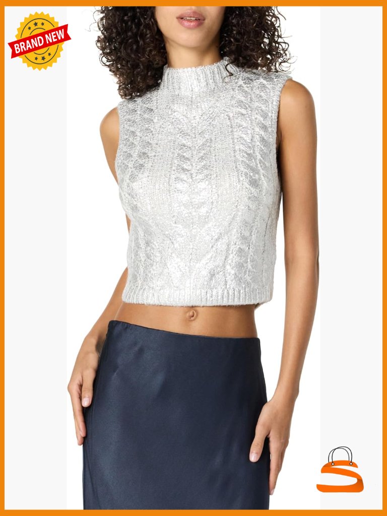 Metallic Cropped Vest - Sleeveless Slim Fit Crew Neck Pull-On